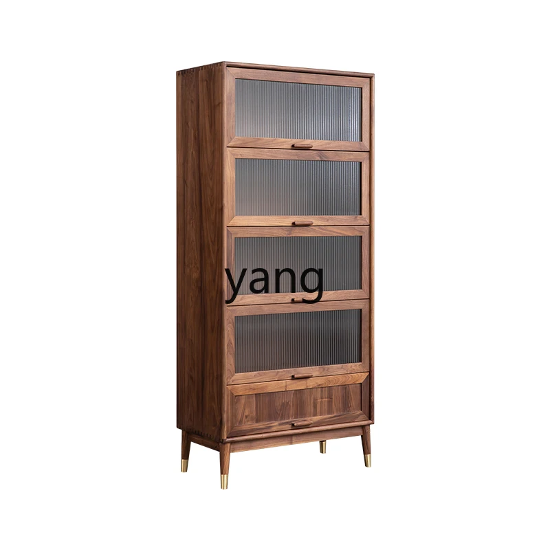 

LH Modern Light Luxury Black Walnut TV Side Cabinet Living Room Wall Flip Door Display Cabinet