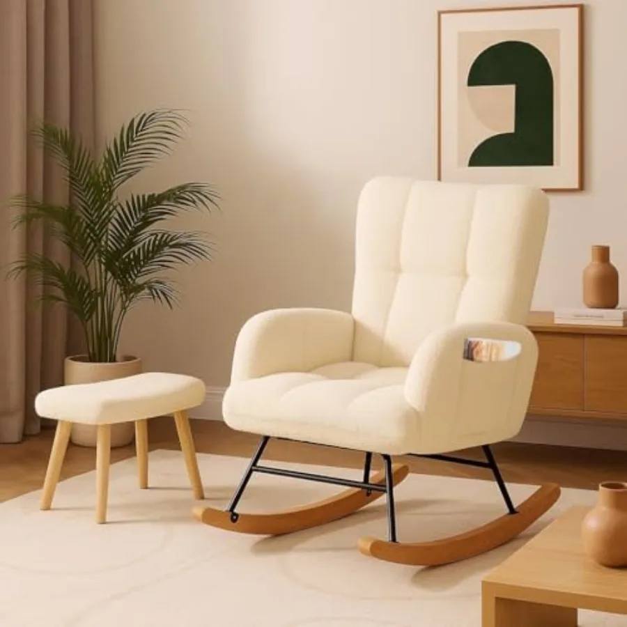 Beige Nursery Rocking Chair with Ottoman and High Backrest for Adults Reading Chair for Nursery Bedroom Living Room Office