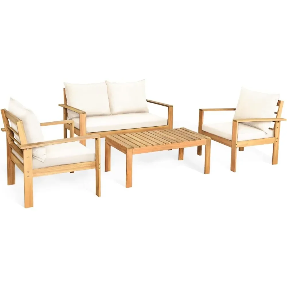 Outdoor 4-Piece Acacia Wood Chat Set, 4 Seater Acacia Wood Conversation Sofa and Table Set with Water Resistant Cushions