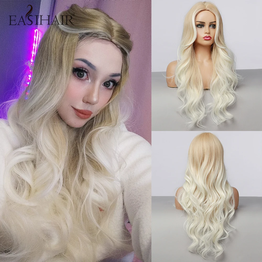 

EASIHAIR Light Blonde Ombre Long Wavy Synthetic Wigs Middle Part for Women Cosplay Wigs Natural Hair Heat Resistant Fiber