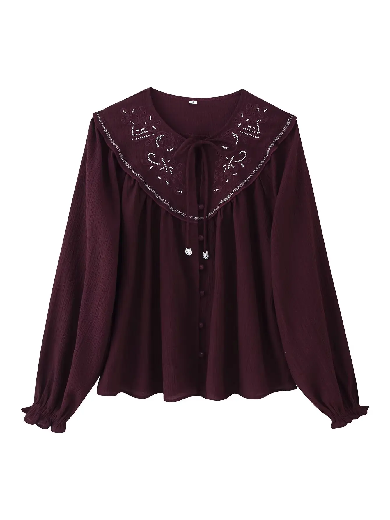 

Женская свободная блузка с длинными рукавами и вышивкой, рубашка на пуговицах с бисером, топы винно-красного цвета