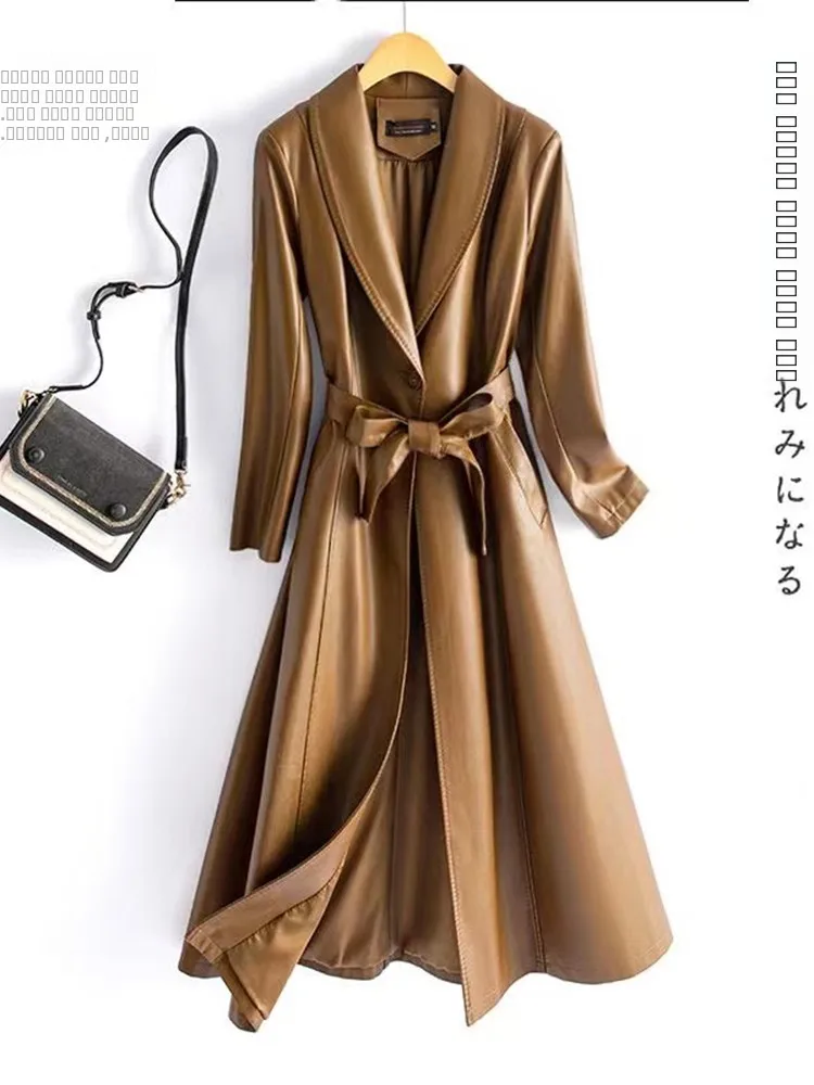 เสื้อโค้ทหนังทรงเข้ารูปความยาวปานกลางสำหรับผู้หญิง คอลเลคชั่นฤดูใบไม้ร่วง-ฤดูหนาว ปี 2025  แบรนด์ Haifeng ผลิตจากหนังแกะแท้ ป้องกันลม  สำหรับสวมใส่เป็นเสื้อนอก