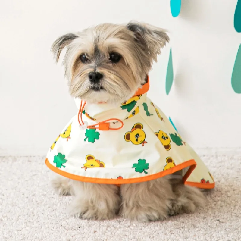 Four Seasons Universal Cartoon Printing Pet Rain Poncho Waterproof Hooded Dog Raincoat Leashable Puppy Bichon Teddy Dog Clothes