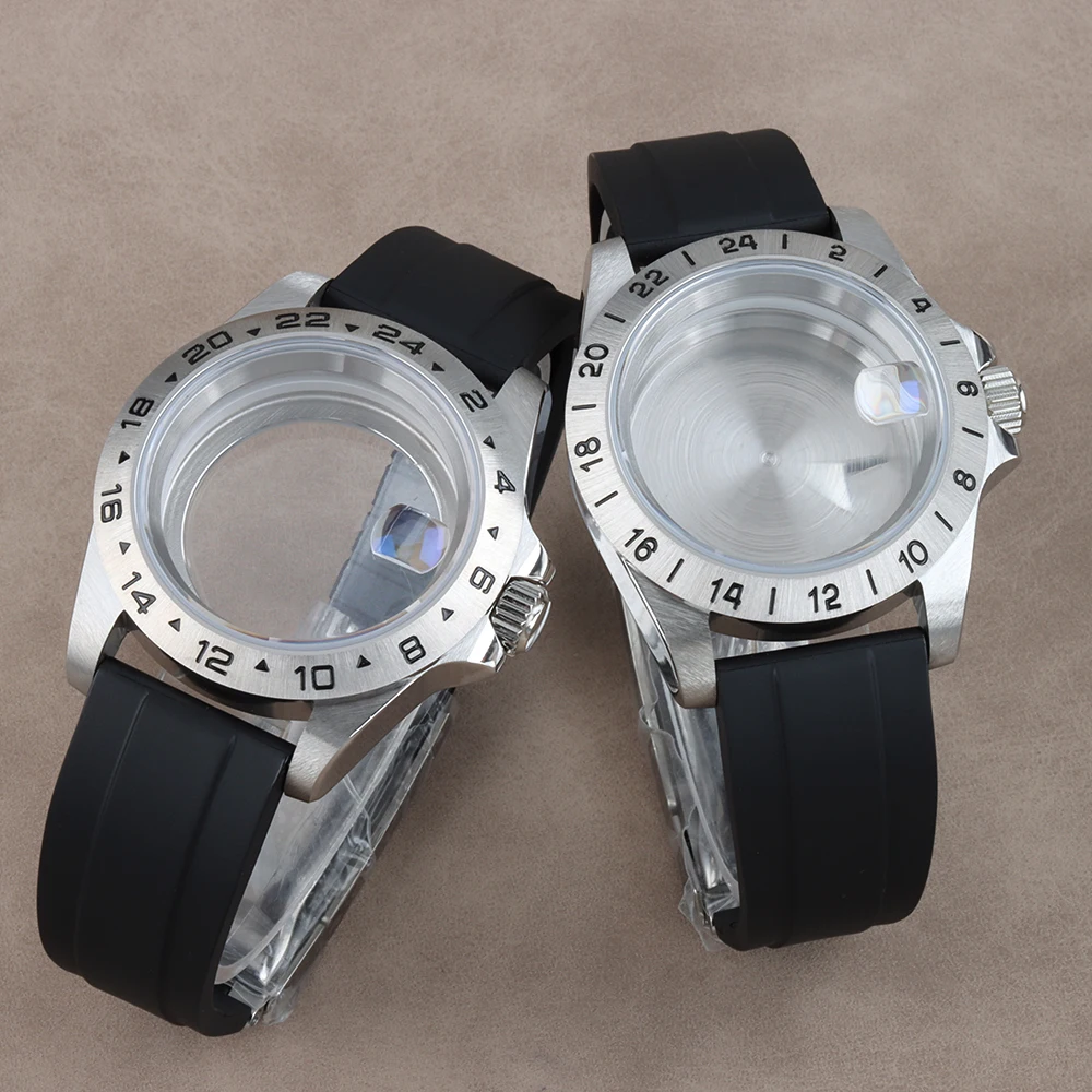 Boîtier de montre EXP 39 mm, verre saphir, solide, avec lunette GMT 24 heures pour boîtier Explorer 2, mouvement NH34 NH35 NH36, cadran 28,5 mm, bracelet en caoutchouc