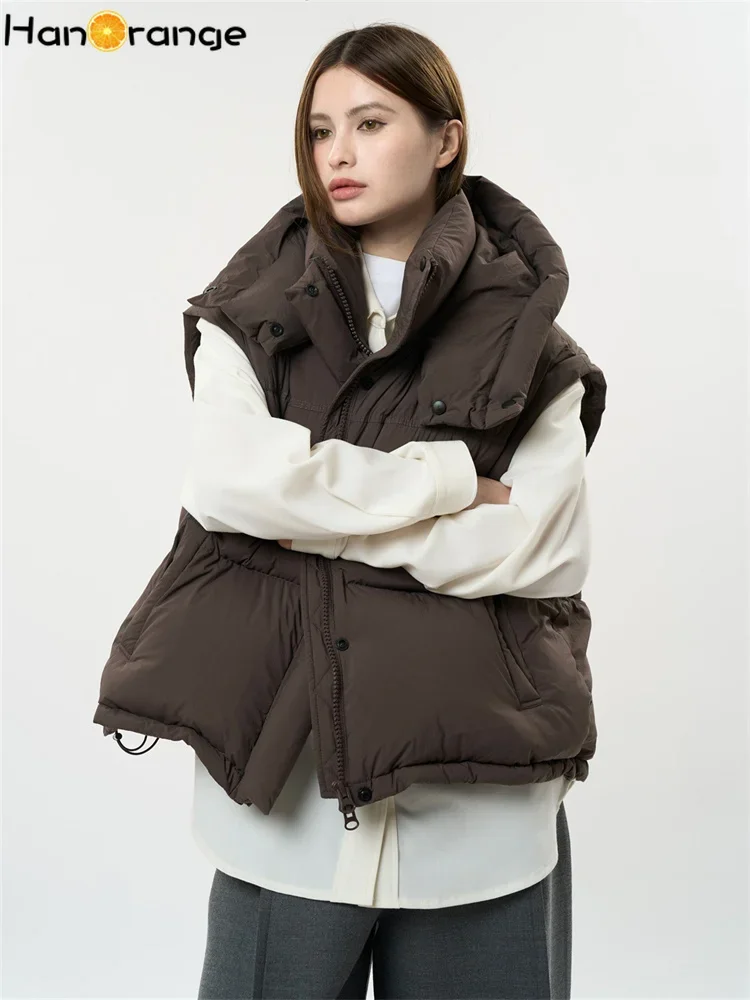 HanOrange 2024 Winter Detachable Sleeves Two Ways Wear Quilted Jacket Women Hooded Loose Thick Parkas Black/Brown/Purple/Beige