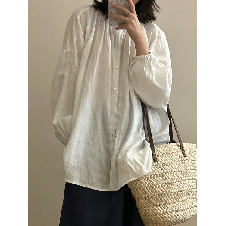 

White Linen Shirt Women's Spring Lazy Style High-End Loose Long Sleeve Stand Collar Top Women's Comfortable Breathable Cotton