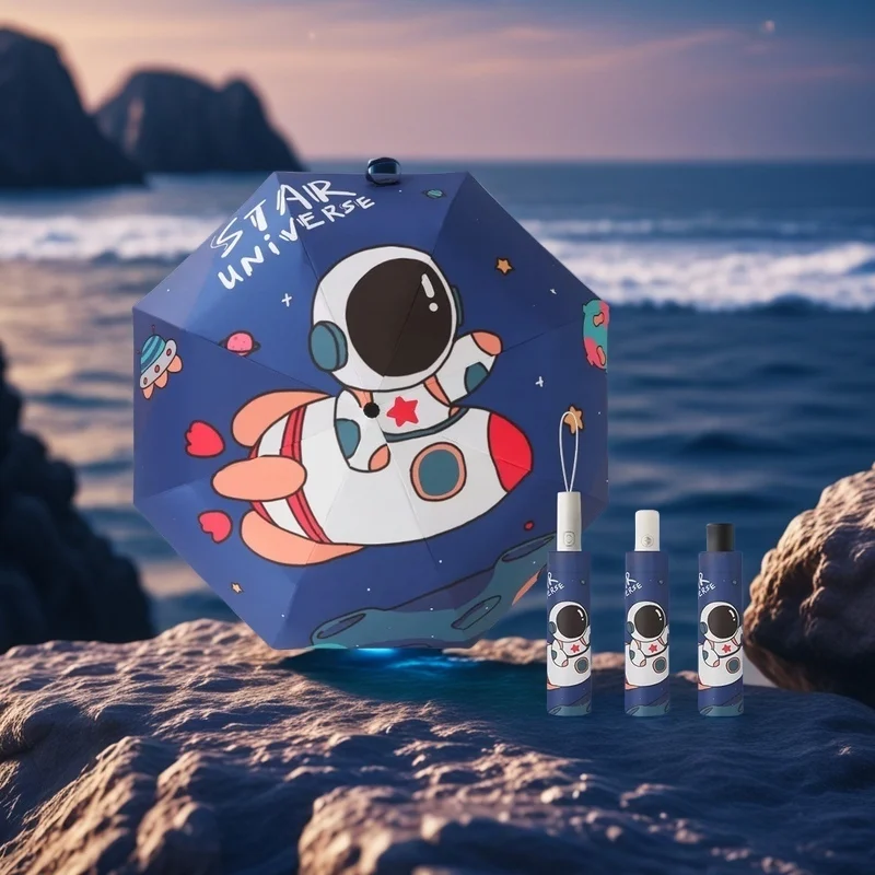 Nice Astronauts Space Automatischer Regenschirm Niedlicher Kinderschirm Nachtreflektierender Streifen und No-Springback-Design Geschenkschirm