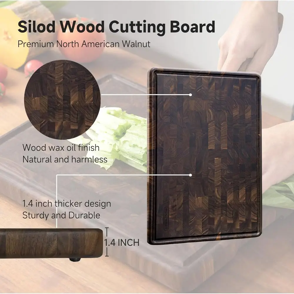 เขียงไม้วอลนัท 16x12 นิ้ว ลายตารางหมากรุก พร้อมร่องน้ำและขาตั้ง สำหรับใช้ในครัว