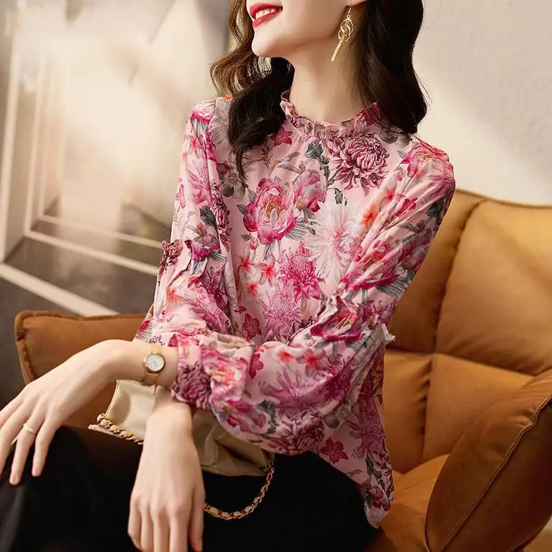 Autumn Fashion New Trendy and Explosive Chiffon Shirt with Ruffled Edges Bubble Long Sleeved Floral Chiffon Shirt Top