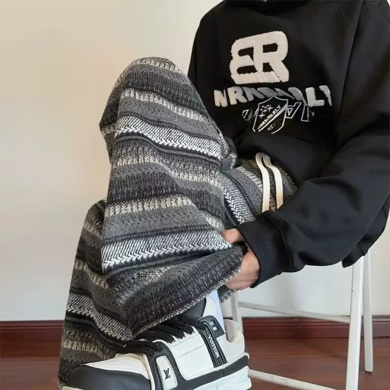 

Модные мужские трикотажные брюки оверсайз в полоску, повседневные, с эффектом высокого класса, прямые, свободные, широкие, в этническом стиле