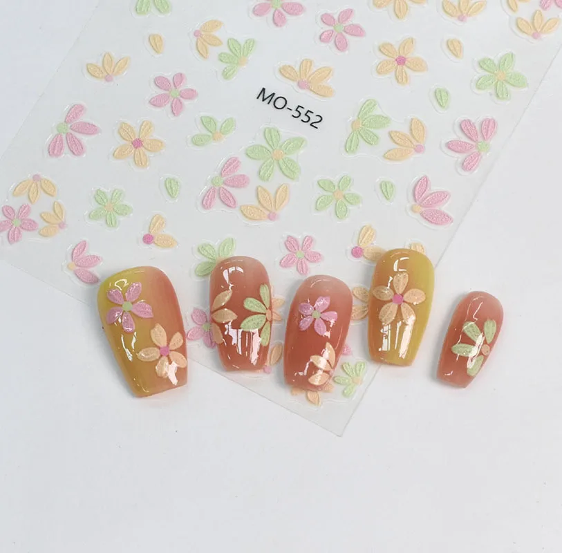 สติกเกอร์ติดเล็บลายนูน 5 มิติ สีฟ้าอมชมพู เหลือง ม่วง ลายดอกไม้แบบภาพวาดสีน้ำมัน สำหรับตกแต่งเล็บ