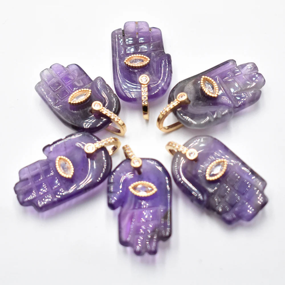 Fashion carved natural Stone amethysts rose quartz palm shape charms pendants fit jewelry making 6pcs Wholesale free shipping