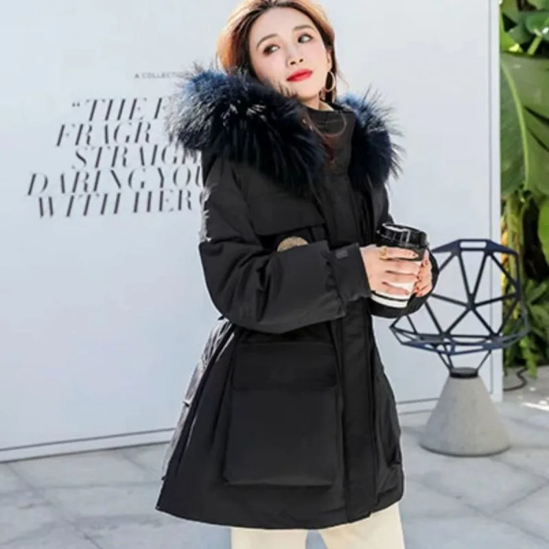 2023 New Women Down Jacket Winter Coat Female Mid-length Thicken Parkas Frock Loose Fur Collor Outwear Hooded Trend Overcoat