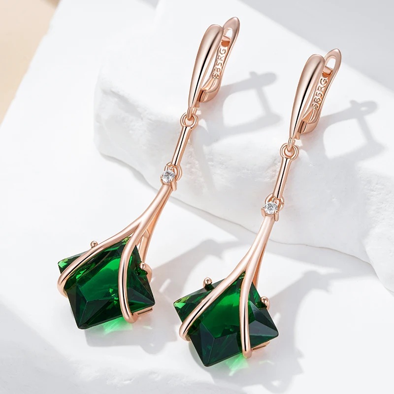 Square Cut Green Zircon Long Dangle Earrings for Women 585 Golden Fashion Vintage Jewelry Personality Party Daily Accessories