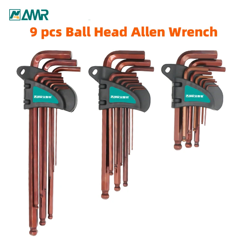 9 pcs Hex Key Allen Wrench Set SAE Metric Long Arm Ball End Hex Key Set Tools Hexagon Wrench Industrial Grade