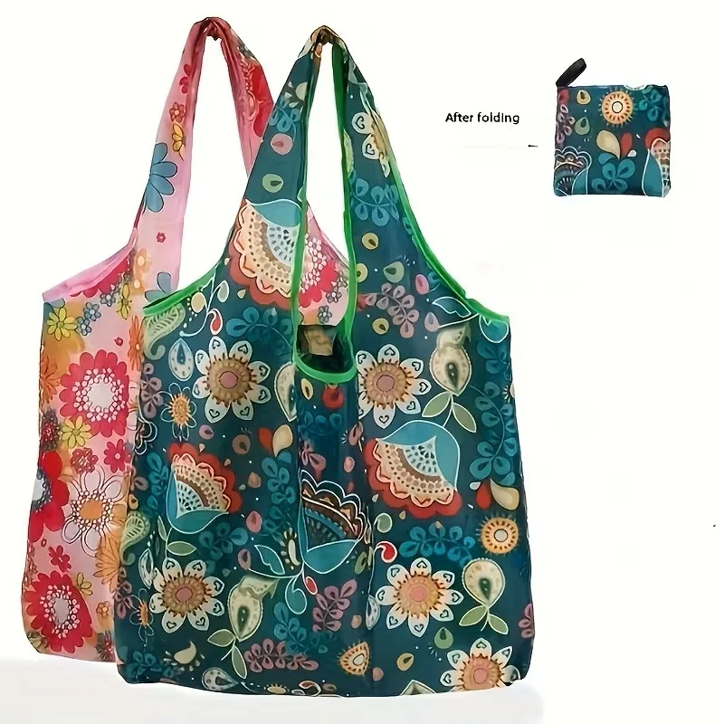 

1 large capacity foldable single shoulder handbag - reusable polyester shopping handbag with floral print, green, fully printed