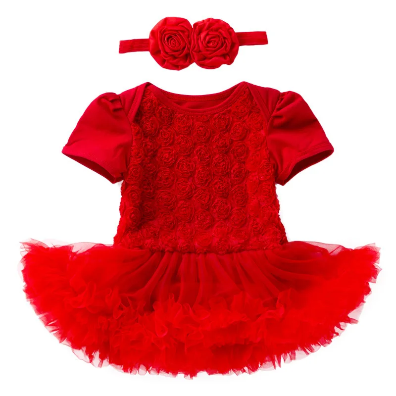 

2025 New Baby Girls Holiday Bodysuit Dress Suit Short-sleeved Composite Rose Princess Kids Romper Dress+Headband Two-piece Set