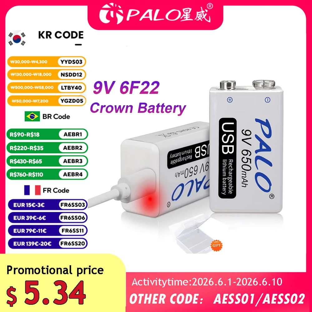 Akumulator 9V 6F22 650mAh Micro USB 9 V litowo-jonowy akumulator 9v do multimetru KTV mikrofon wykrywacz metali