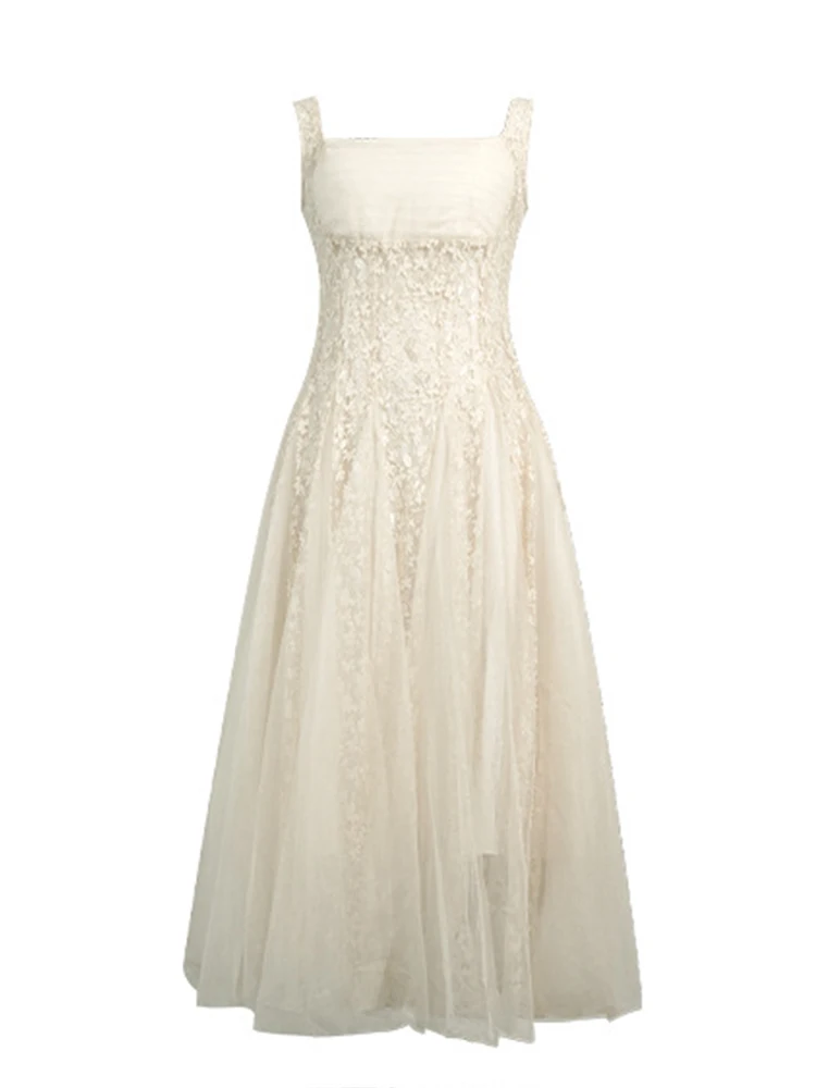 Neue frauen Spitze Tüll Saum Sling Schlank Maxi Kleid Elegante Formale Party Abendkleid Robe Dame Kleidung Süße Vestidos Fiesta urlaub