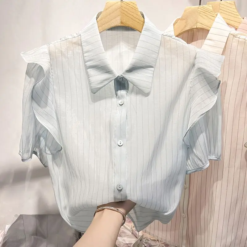 Korean Temperament Lapel Collar Striped Ruffles Patchwork Chiffon Tops Women Summer Thin Style Short Sleeved All-match Shirt
