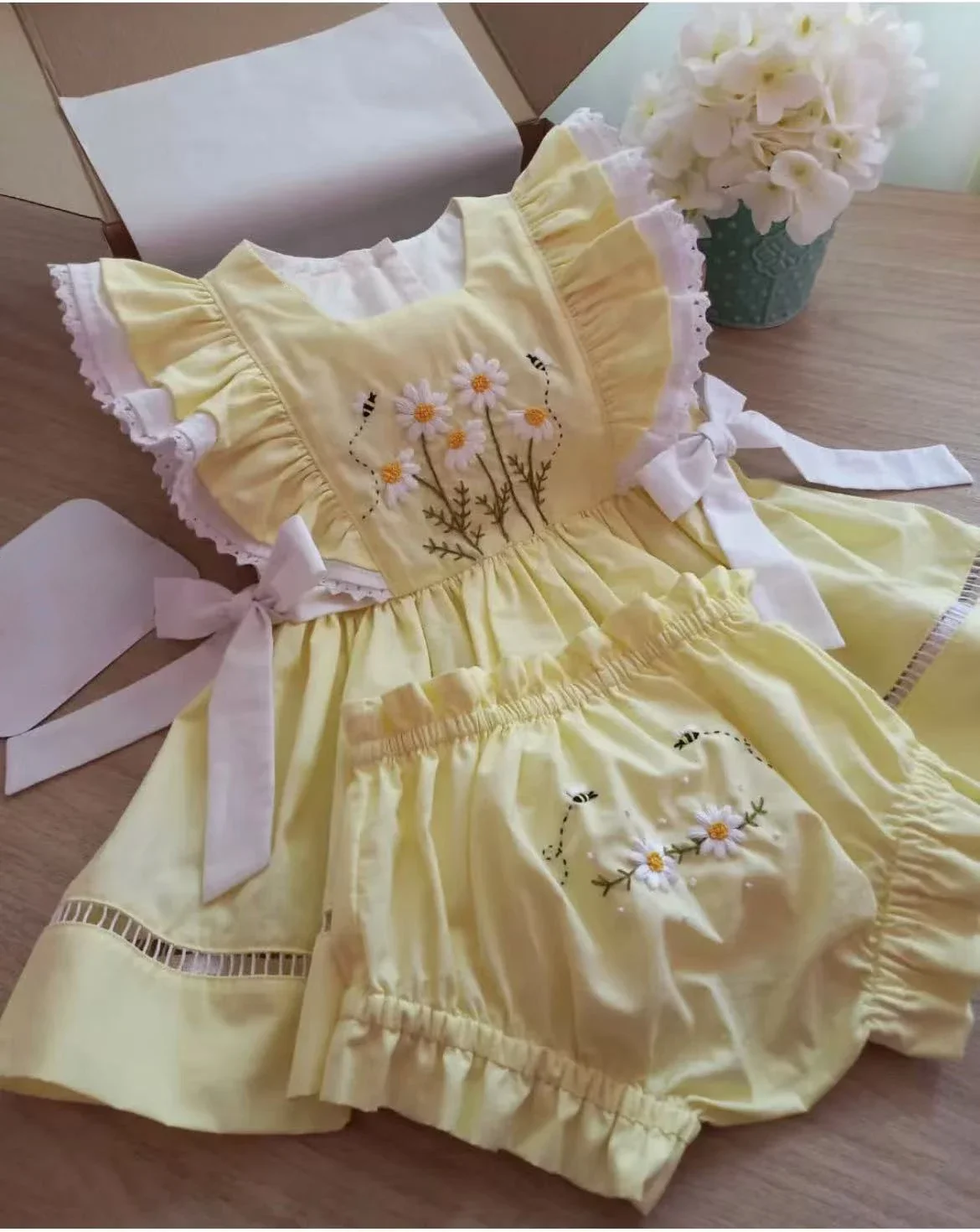 0-12Y Baby Girl Summer Daisy Handmade Embroidery Yellow Dress with Shorts for Birthday Holiday Party Photography Eid Casual B312