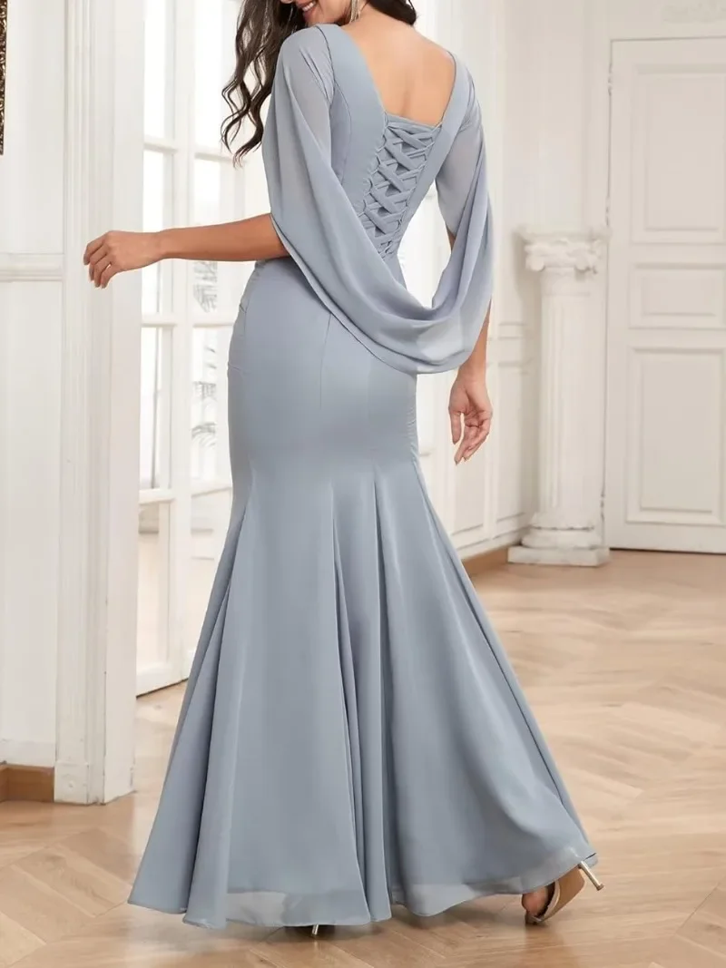 Customized Customized Temperament Elegant Chiffon Formal Dress Mermaid Solid Backless Mother Wedding Party Dresses Slim Waist Pr