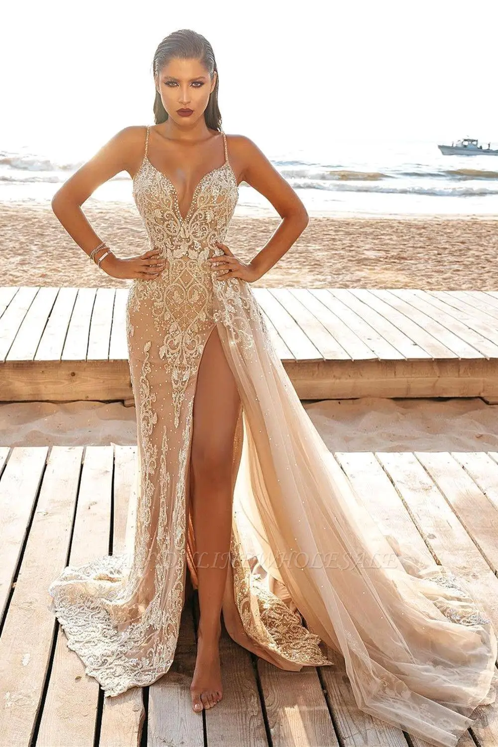 2023 Wedding Party Dresses Female Evening Elegant Sexy Deep V Neck Strap Sleeveless Beaded Appliques Long Maxi Dresses For Women