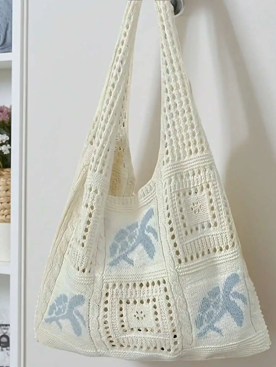 

Womens Crochet Beach Tote Bag With Sea Turtle Pattern, Large Capacity Open Top Casual Bohemian Bag