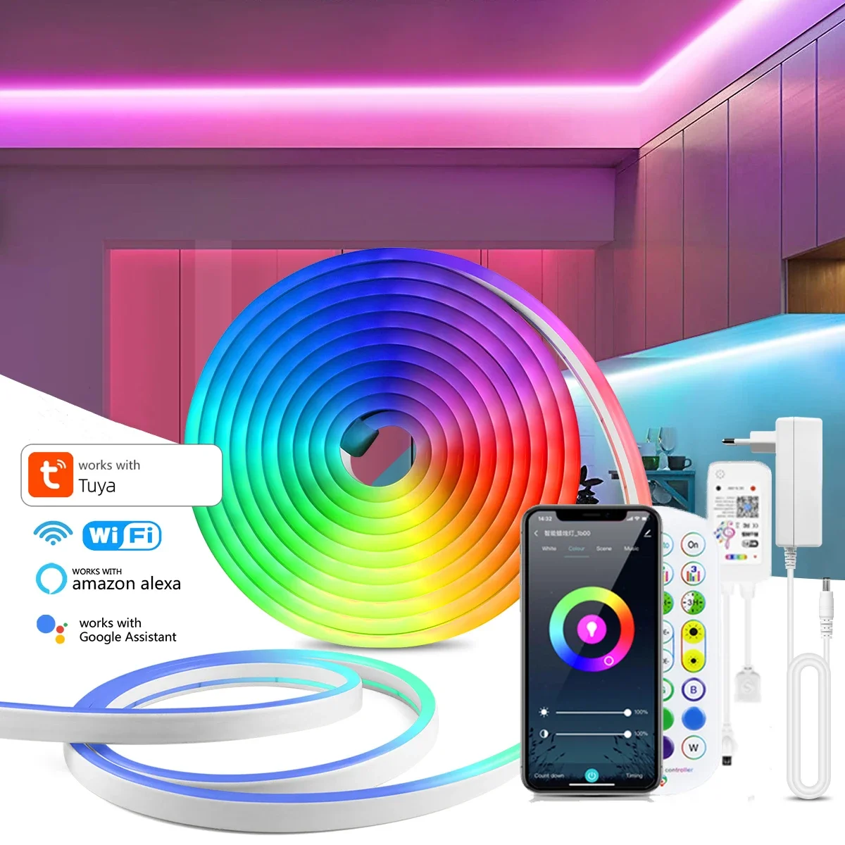 

1-5 м RGB/белая/теплая светодиодная лента, неоновые огни, умная синхронизация музыки Wi-Fi, красочная лента для освещения настроения для игровой комнаты для приложения Tuya Alexa Voice