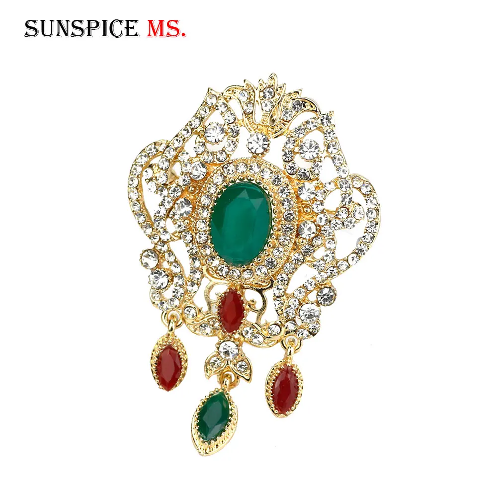 Sunspicems Gold Color Moroccan Jewerly Crystal Brooch Arabic Women Brooch Pins Full Rhinestone Bride Wedding Bijoux