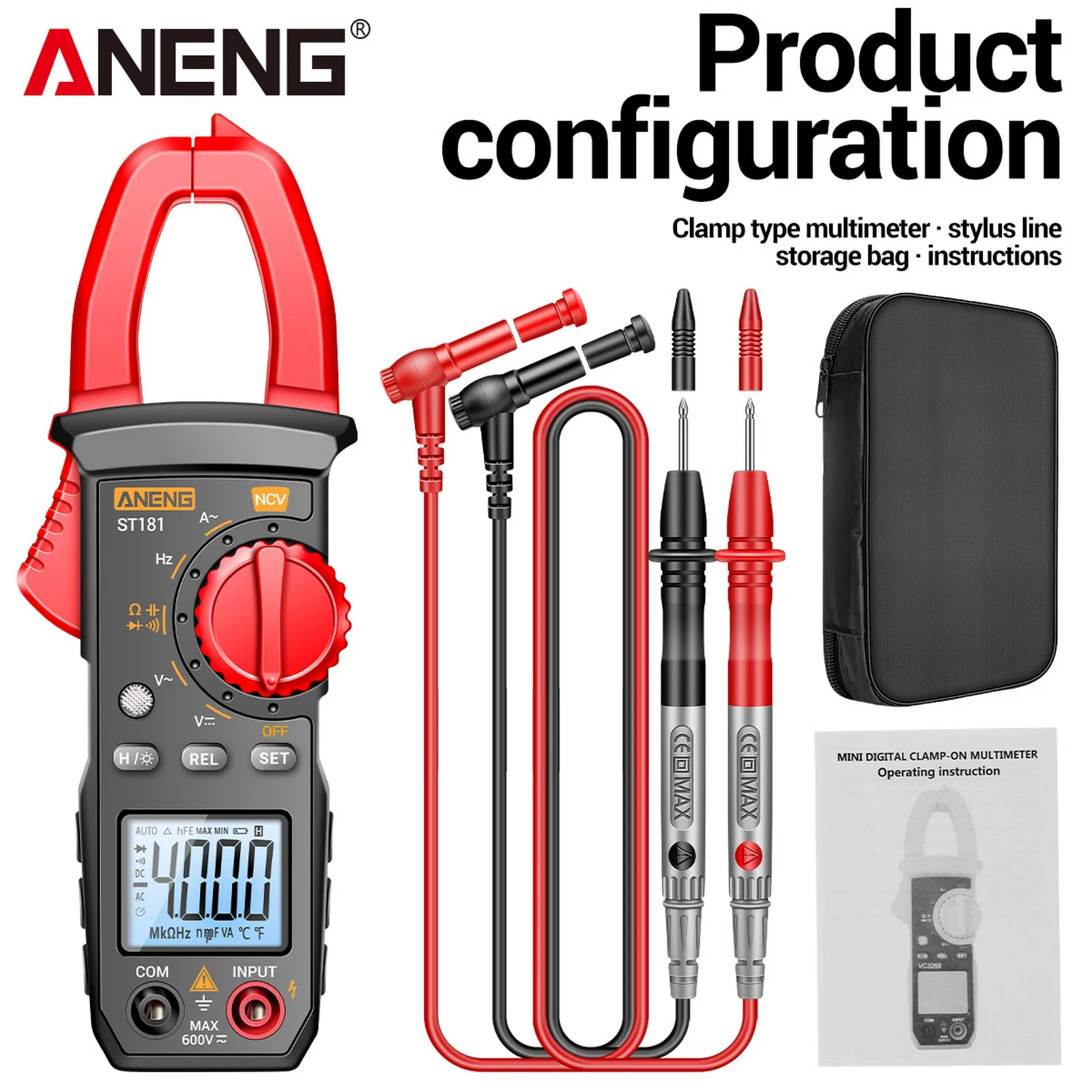 ANENG ST181 miernik cęgowy multimetr cyfrowy napięcie DC/AC 4000 zliczeń amperomierz prądowy Tester wzmacniacz samochodowy Hz pojemność NCV Test Ohm