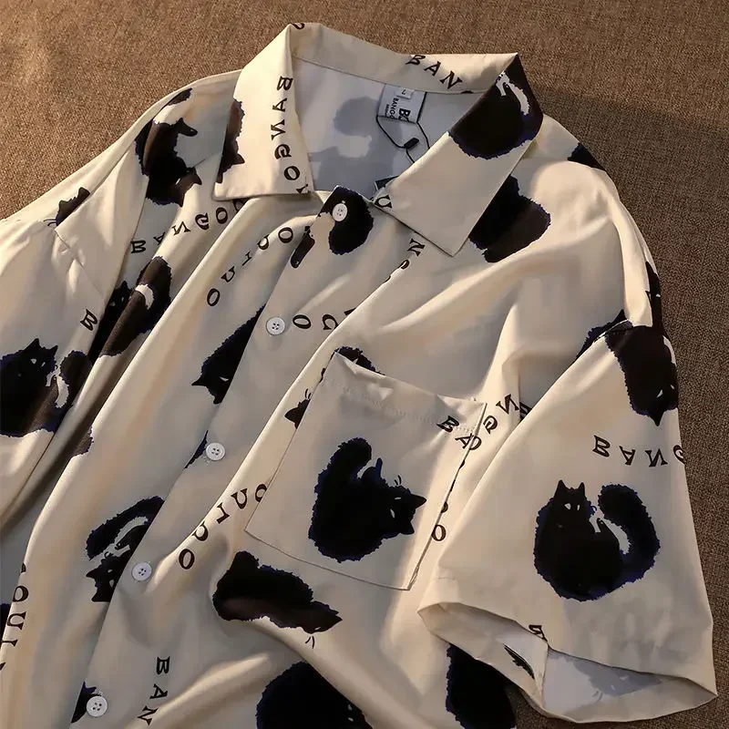 

Cat Graffiti Shirt Street Style Crop Top Women Summer Women's Shirts 2024 Short Sleeve Cool Blouse Korea Shirt for Women