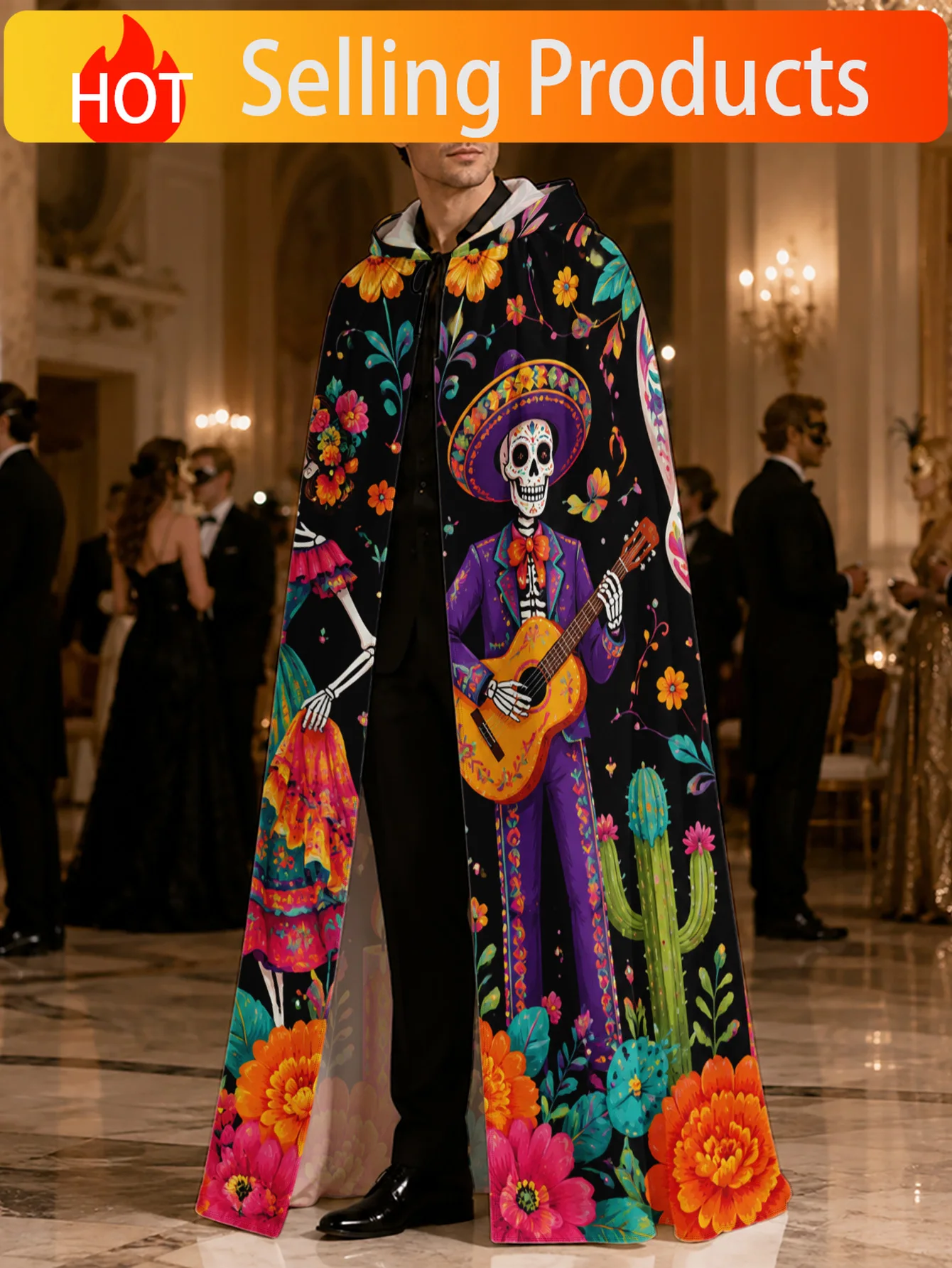 1pc, Hooded Witch Cape Featuring Day of The Dead Celebration Pattern, Costume Robe for Men And Women, Perfect for Halloween Nigh