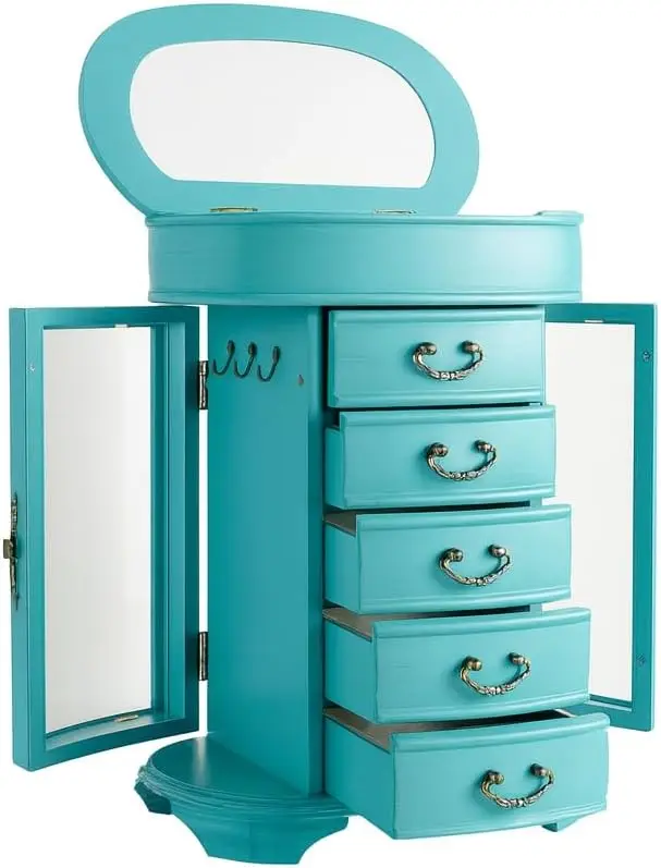 Turquoise Glass Jewelry Organizer Box with Mirror, Drawers & Necklace Hooks for Storage