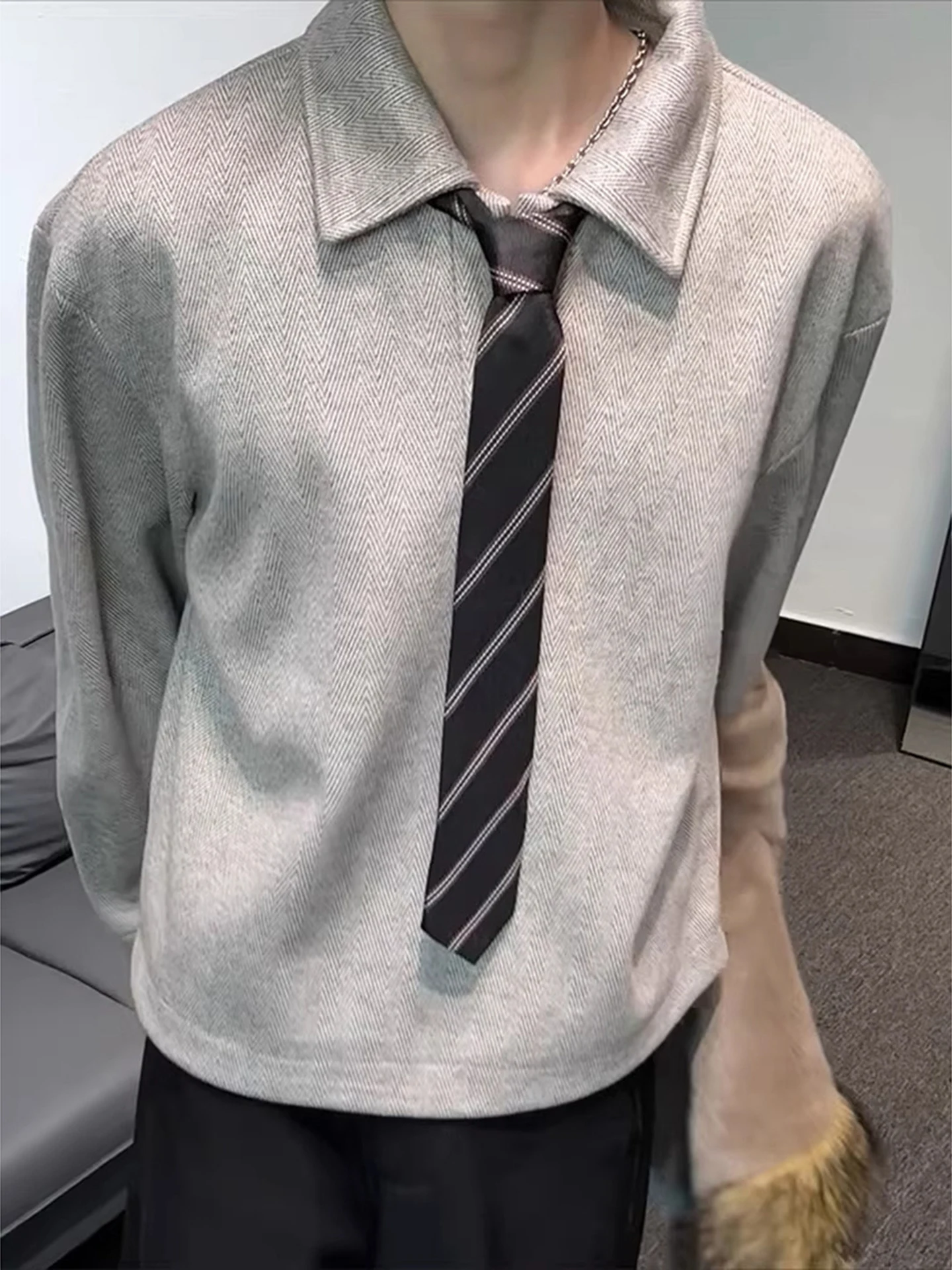 

Мужская толстовка в американском ретро-стиле с воротником, плотная, с геометрическим узором, удобная, с длинным рукавом, имитирующая внутреннюю рубашку