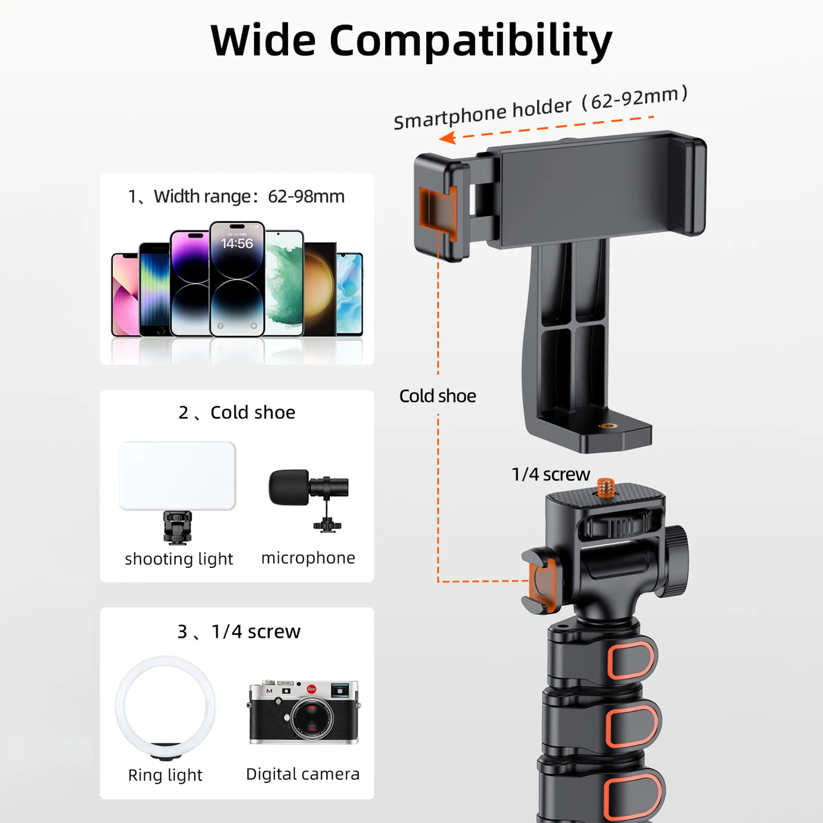 Vrig UURig TP-14 Trípode para teléfono en vivo de 160 cm con tornillo de 1/4 "trípode/palo de Selfie ajustable para espada ancha en vivo