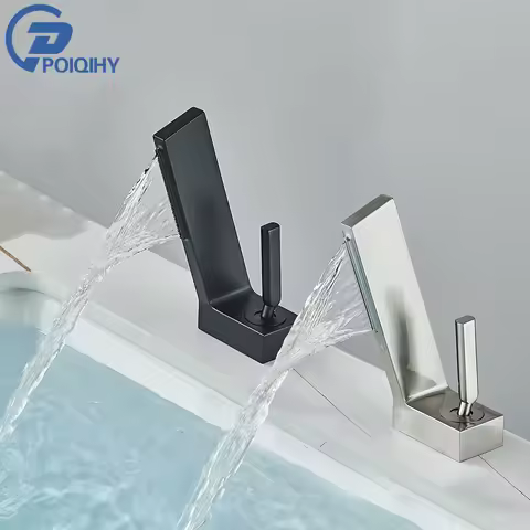 Waterfall Basin Faucet Single Handle Brass Bathroom Mixer Tap Deck Mounted Bathroom Basin Tap One Hole Black Brushed Nickel