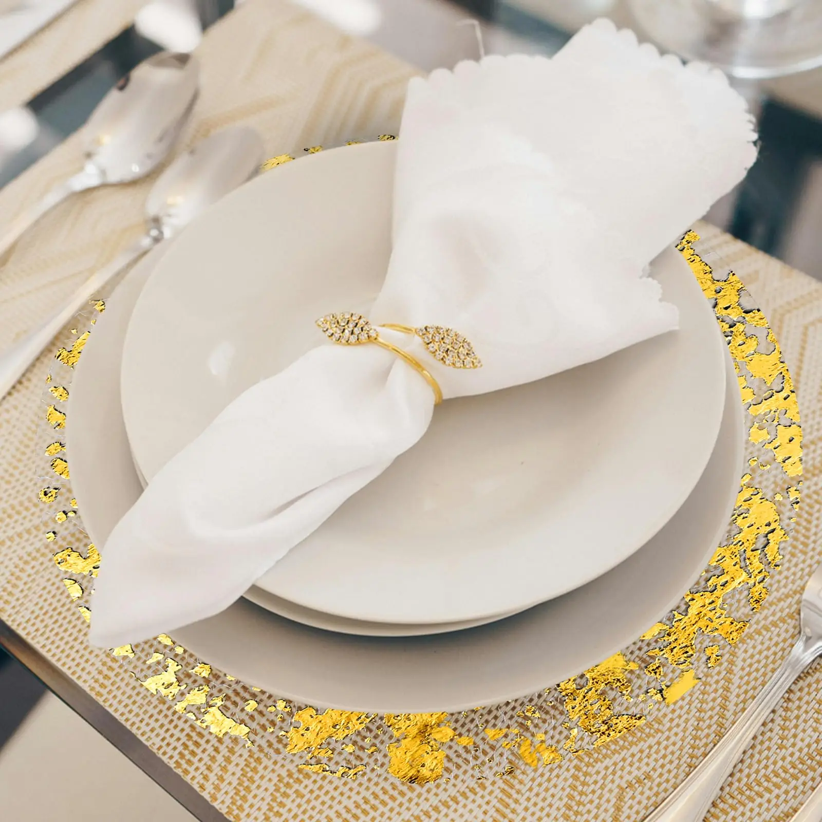 50 Piece Gold Placemats Disposable Round Table Mat 13 Inch Gold Foil Mesh Pressed Foil Paper Placemat Table Runner for Party