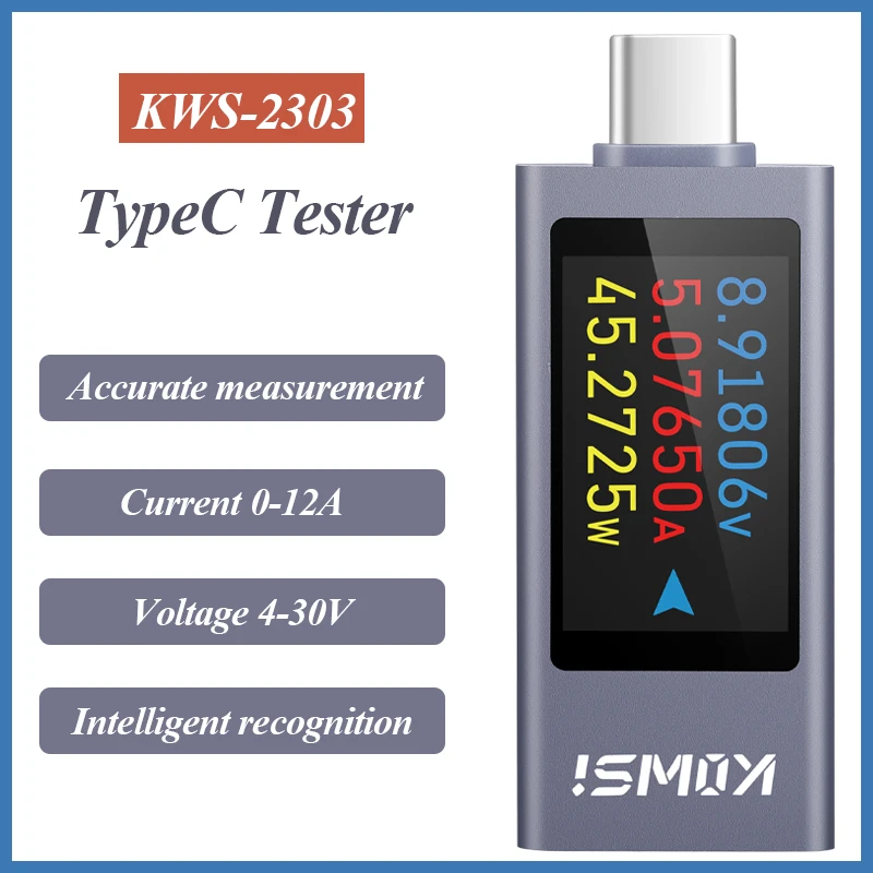 KWS-2303C Type-C Current and Voltage Monitor Power Meter Tester Cell Phone Charger Power Detector DC 4-30V 0-12A Battery Test