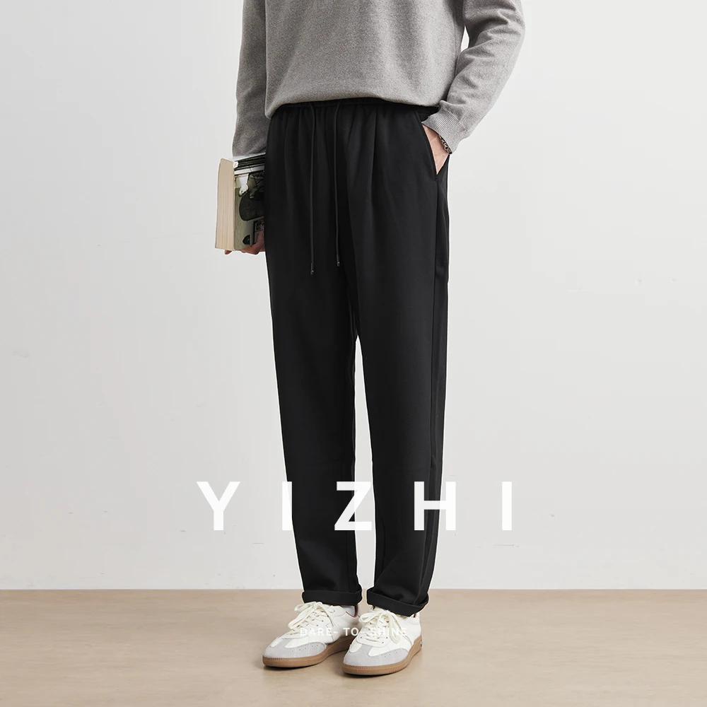 2025 Autumn Loose Comfortable Men's Casual Trousers Elastic Waist String Design Fashionable Long Pants Straight Leg Men Clothing