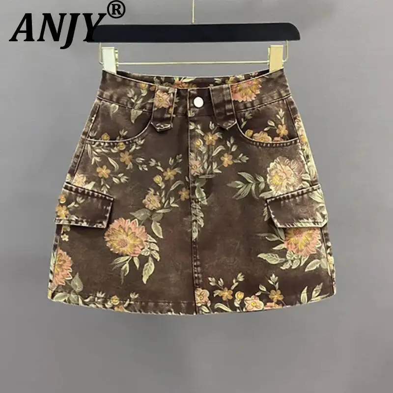 

ANJY Spring Summer New Women Vintage Trendy Floral Print Denim Skirt Casual Elegant Slimming A-Line Bodycon Short Skirts A24845