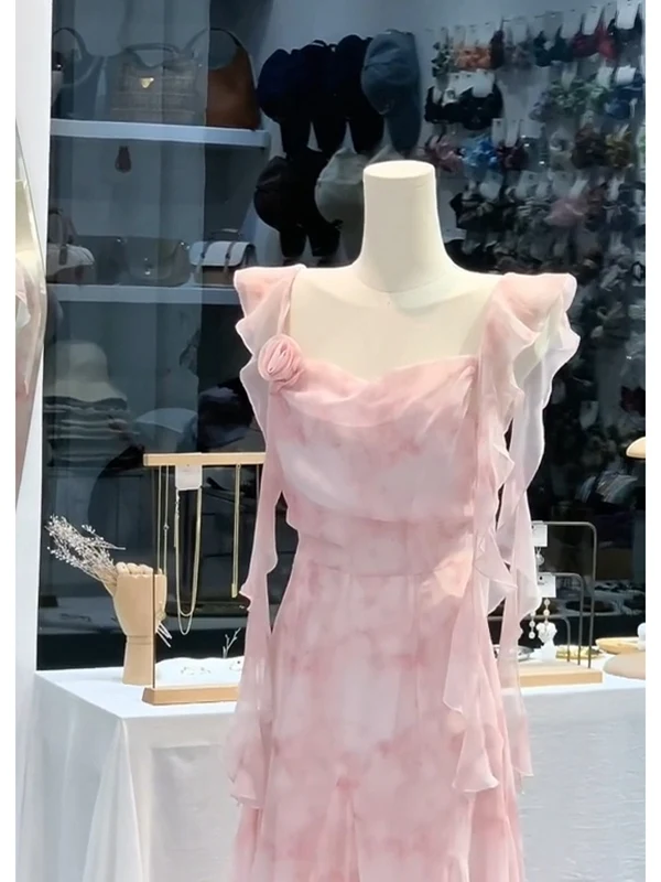 Rétro Floral rose sangle Dr Beach Vaion plage longue Dr été belle fée t jupe trajet Sle col carré