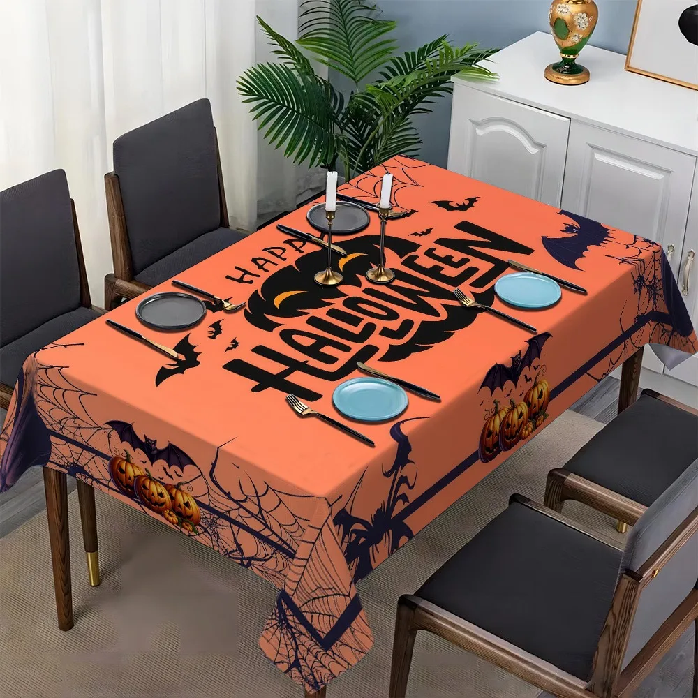 Halloween Rectangle Table Cloth Bat Pumpkin Spider Web Table Cover Washable Tablecloth Happy Halloween Dining Table  Decor