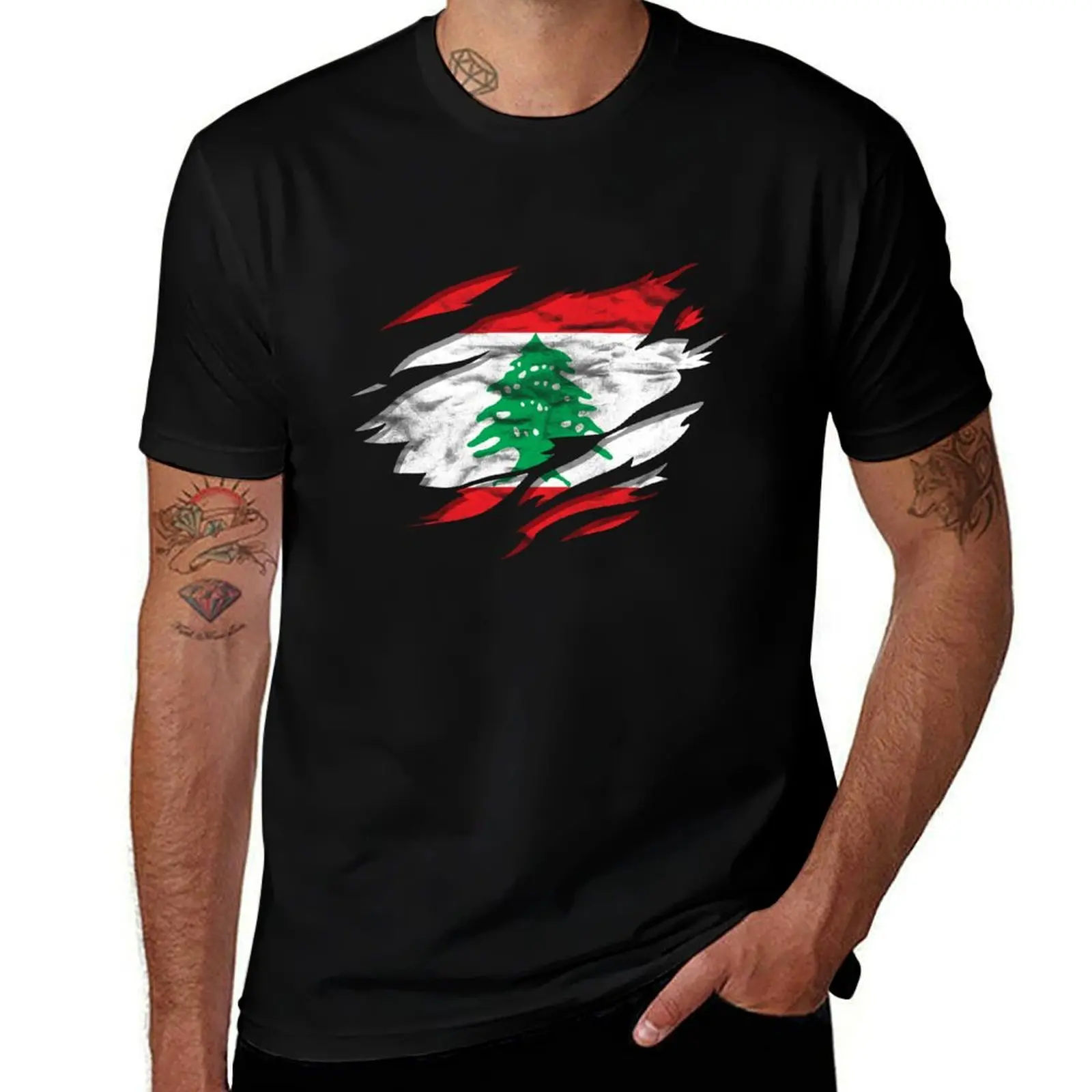 Ripped Rip Open Lebanon Flag Palm T-Shirt Basic Short Sleeve for Men T-Shirt