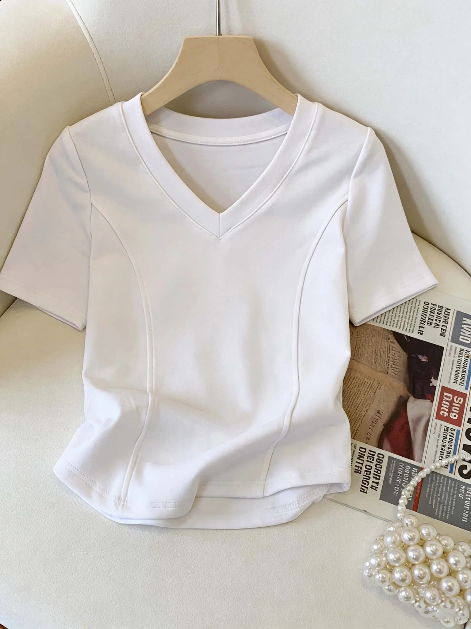 

plus Size Women's Slimming Color Fishbone V-Neck Short Sleeve T-Shirt Fashionable Summer Wear Breathable Skin-Friendly