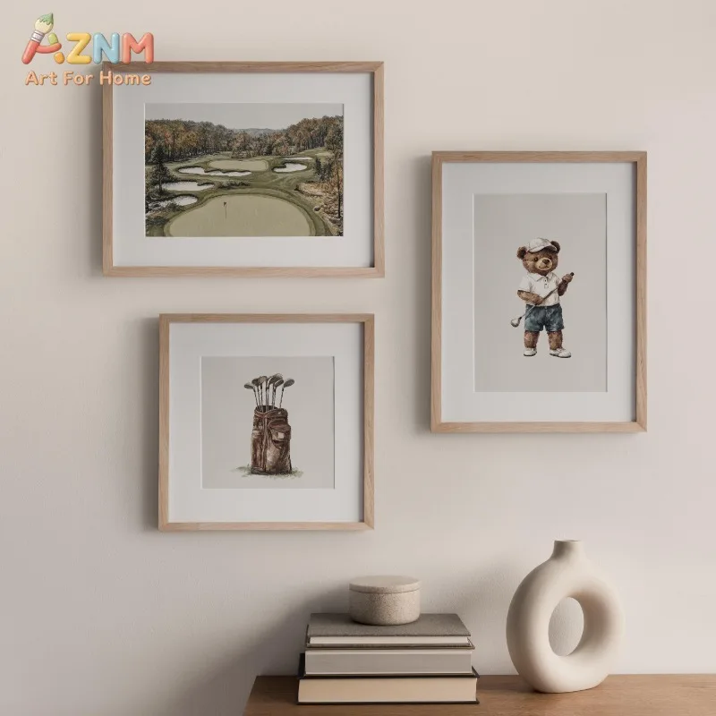 AZNM Golf Bear Canvas Wall Art Vintage Golf Course Watercolor Minimalist Sport Print Home Unframed Decor Print