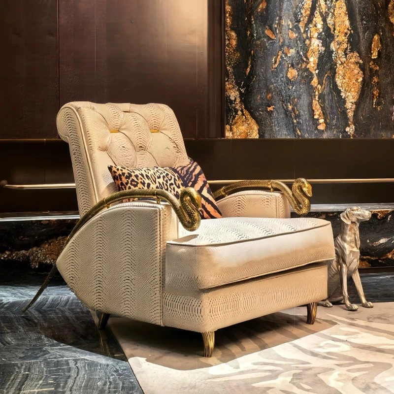 

Leather armchair living room villa modern light luxury designer metal serpentine single sofa chair
