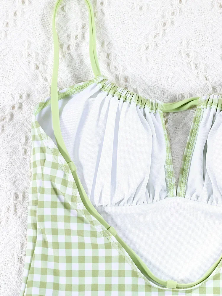 Miyouj String One Piece Suit Bandage Swimwear Women's Swimsuit Plaid Print Bathing Suit Sexy Swimming Wear Beach Monokini Summer