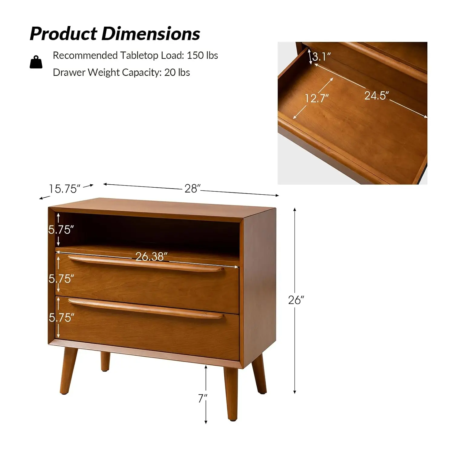 End Table with Charging Station, Mid-Century Modern 2 Drawer and Open Shelf, Fluted End Table（Acorn, Set of 2）, Custom - view 2