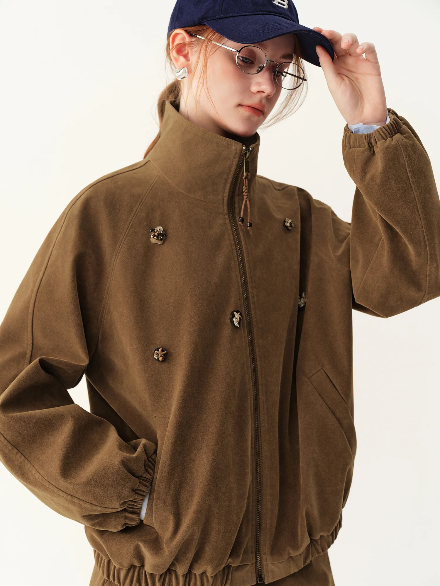 FSLE Women's Unique‑Design Stand‑Collar Suede‑Like Jacket Skirt Thick Two‑Piece Outfit 2026 Fall Winter New Fashion Co‑ord Set
